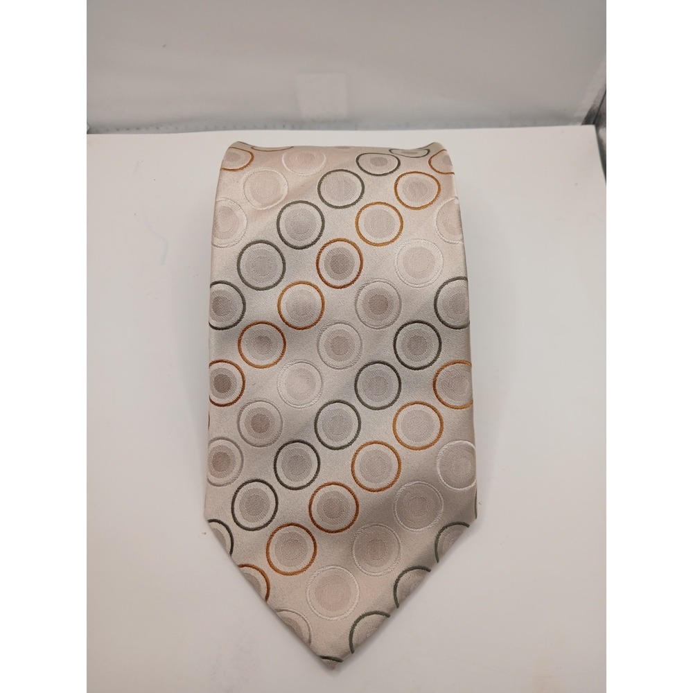 Steven Land Men's Neck Tie Beige Green Gold Circles 100% Silk Hand 59in x 4in